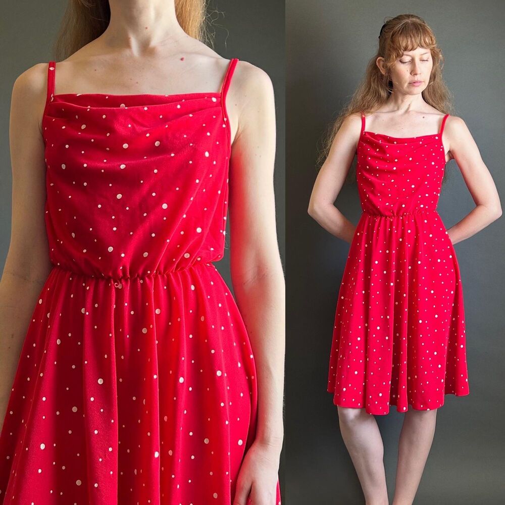Vintage 1980s Polka Dot Cowl Neck Midi Dress, XS